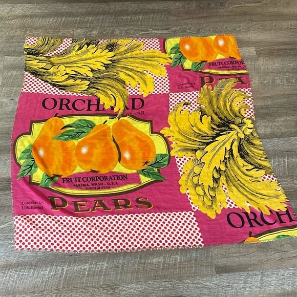 Echo Vintage Farm Orchard Produce Pear Bushel Pink Raw Edge Square Scarf - Picture 1 of 13